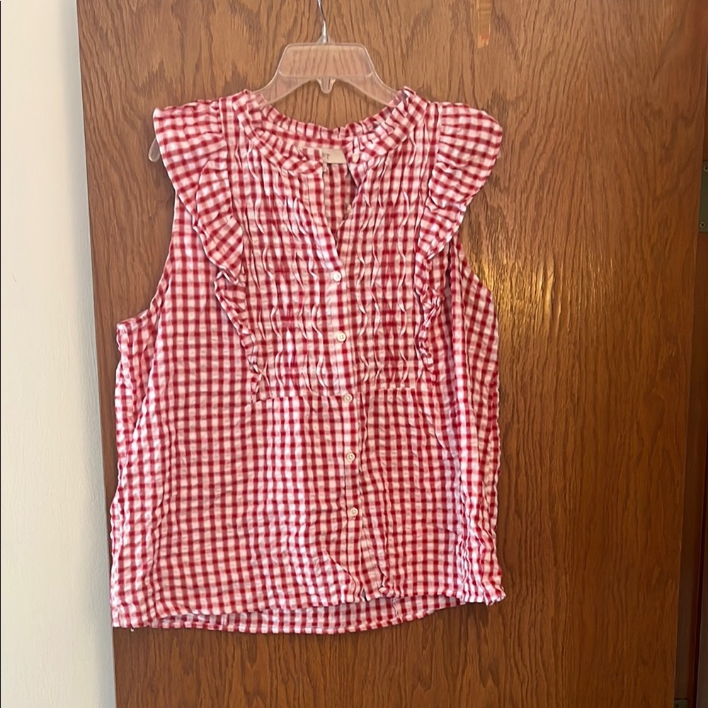 LOFT Red and White Gingham Sleeveless Top